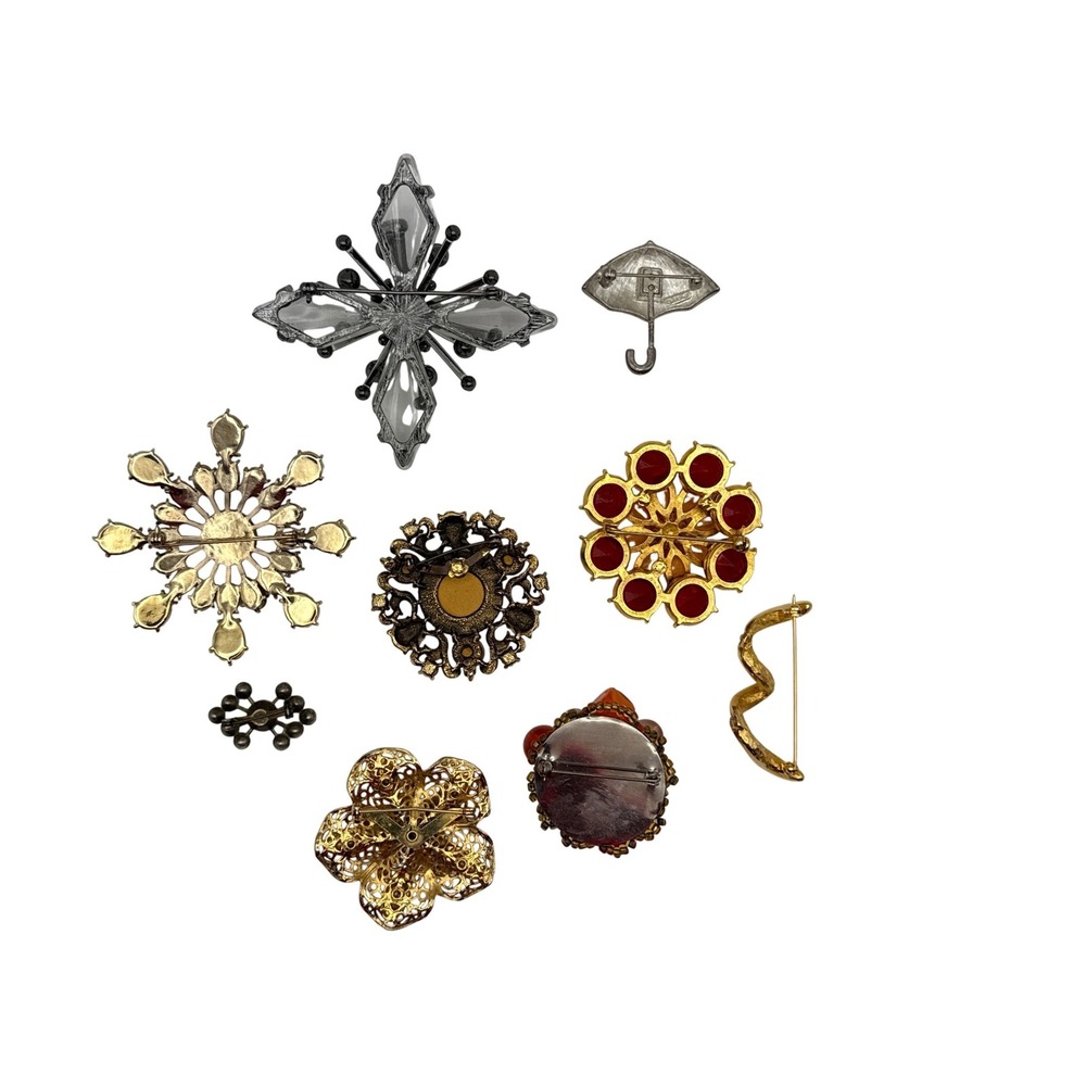 Vintage Brooch Lot‎ Unsigned one Monet Lion Umbrella Floral Rhinestone Pin